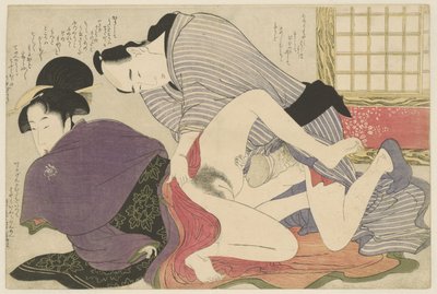 Geisha och älskare vid fristående rumsavdelare Negai no itoguchi (serietitel) av Kitagawa Utamaro