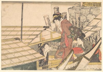 Flickor som stiger ombord på en båt, ur den illustrerade boken De fyra årstidernas blommor av Kitagawa Utamaro