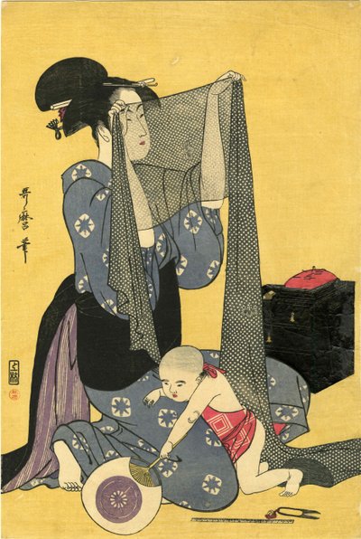 Hari-shigoto handarbete. Triptyk, vänstra delen, 1795. av Kitagawa Utamaro