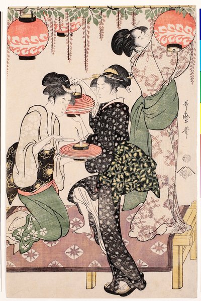 Unga flickor från ett japanskt tehus som hänger lyktor från en blåregn - Tryck av Kitagawa Utamaro (1753-1806), ca 1795, linosnitt - Teahouse girls under a wisteria espalier - Färg linosnitt av Kitagawa Utamaro (1753-1806) , ca1 av Kitagawa Utamaro