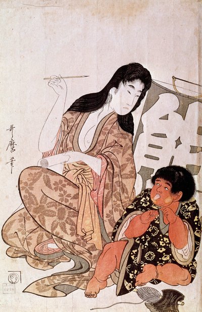 Kintaro och Yamauba kalligraf, serie: Yamauba och Kintaro japanskt tryck av Utamaro Kitagawa (1753-1806). Sol. 0,38x0,26 m. 1790-1806. Paris, Guimet-museet, Nationalmuseet för asiatisk konst av Kitagawa Utamaro
