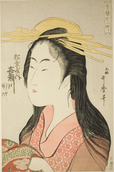 Kisegawa från Matsubaya, [vars skötare är] Sasano, Takeno (Matsubaya uchi Kisegawa, Sasano, Takeno), från serien "Seven Komachi of Yoshiwara" ("Seiro nana Komachi") av Kitagawa Utamaro