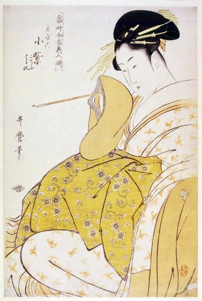 Komurasaki of the Tamaya House - Komurasaki of the Tamaya av Utamaro, Kitagawa (1753-1806), c 1794 - Färgträsnitt, 38,4x25,2 - Privat samling av Kitagawa Utamaro
