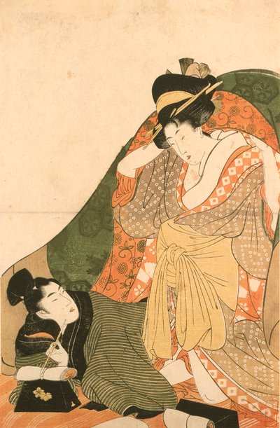 Älskande under en futon; öppningsbild till en erotisk serie av Kitagawa Utamaro