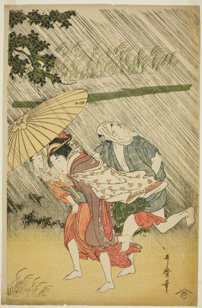 Älskare under ett paraply, ca 1797 (trätryck i färg; oban) av Kitagawa Utamaro