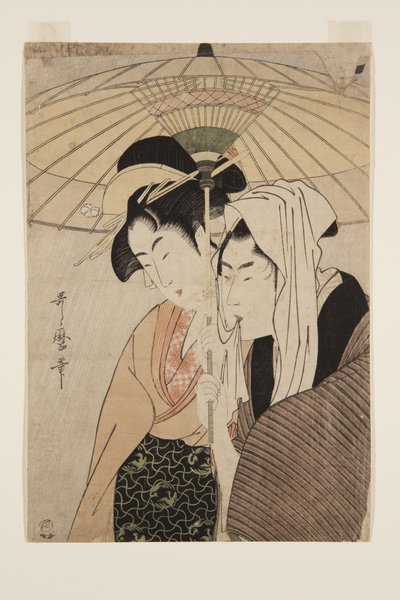 Man och kvinna under ett paraply (träblock i färg) av Kitagawa Utamaro