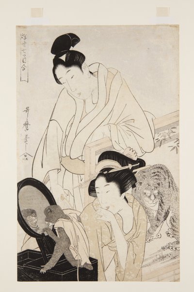 Monkey and Tiger (träblock i färg) av Kitagawa Utamaro