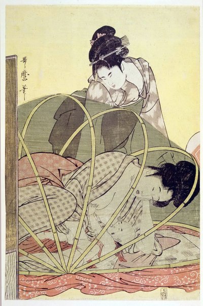 Mother Nursing Baby under Myggnät par Utamaro, Kitagawa (1753-1806), ca. 1795 - Färgträsnitt, 37,6x24,6 - Privat samling av Kitagawa Utamaro