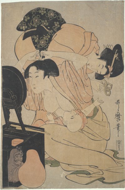 Mor med ammande baby och följeslagare av Kitagawa Utamaro