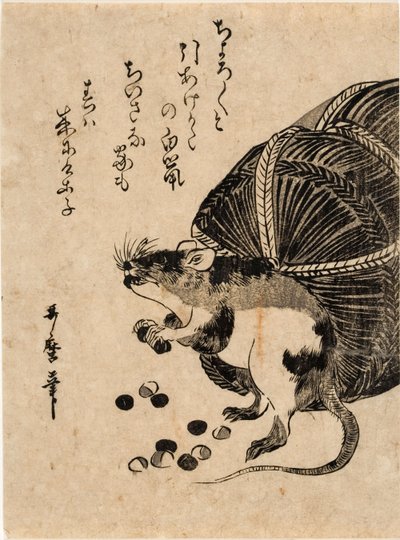 Mus med en säck ris av Kitagawa Utamaro