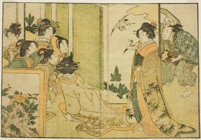 Nyårsuppträdande med Manzai på en feodalherres herrgård, från den illustrerade boken "Picture Book: Blommor från de fyra årstiderna (Ehon shiki no hana)", vol. 1 av Kitagawa Utamaro
