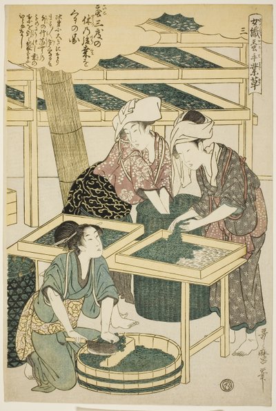 Nr 3 (san), från serien "Women Engaged in the Sericulture Industry (Joshoku kaiko tewaza-gusa)" av Kitagawa Utamaro