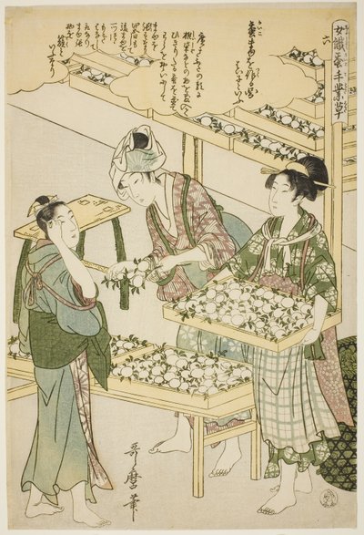 Nr 6 (roku), från serien "Kvinnor Engagerade i Sericulture Industry (Joshoku kaiko tewaza-gusa)" av Kitagawa Utamaro