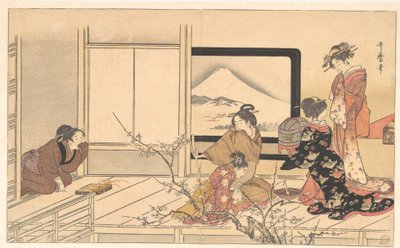 ”Tillagning av mat åt sångaren”, ur albumet Männens stämpeldans (Otoko dōka, uguisu no esa suri) av Kitagawa Utamaro