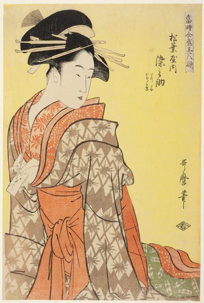 Somenosuke of the Matsubaya, [vars skötare är] Wakagi, Wakaba (Matsubaya uchi Somenosuke, Wakagi, Wakaba), från serien "Array of Supreme Beauties of the Present Day" ("Toji zensei bijin-zoroe") av Kitagawa Utamaro