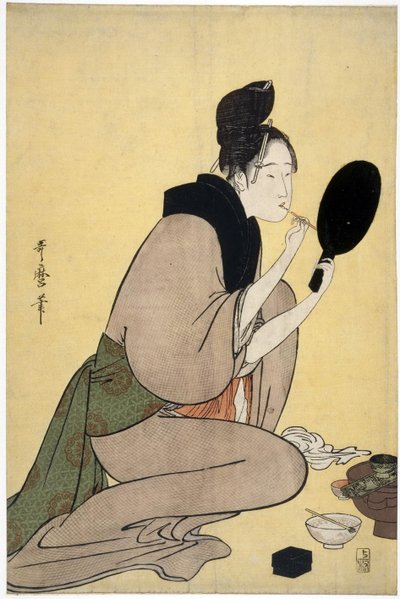 Om skönhet: kvinna som gör upp sina läppar - Bijin-ga. Flicka som sminkar sina läppar av Utamaro, Kitagawa (1753-1806), - Färgträsnitt, 37,7x25,2 - Privat samling av Kitagawa Utamaro