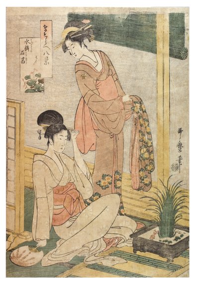 Sweetflag and rocks in a bassin of water från serien Imitations of the Eight Views, c.1797-1798 (träblocktryck på papper) av Kitagawa Utamaro
