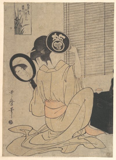 Takashima Ohisa betraktar sin frisyr med två speglar av Kitagawa Utamaro