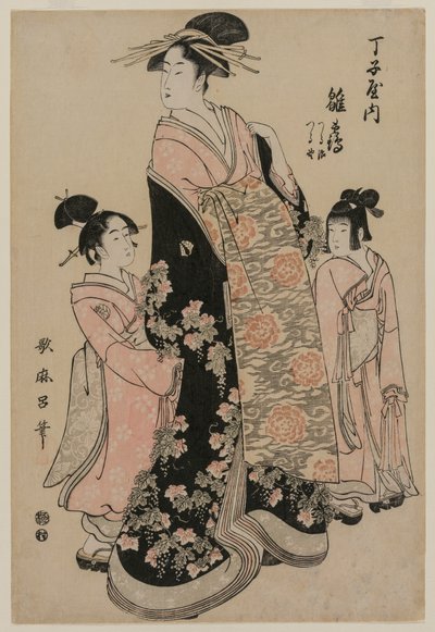Te-san, Mr Hinatsuru, när det är dags att gå med det, Ah, Tendans, Tsurujis idé, Tsuruno av Kitagawa Utamaro