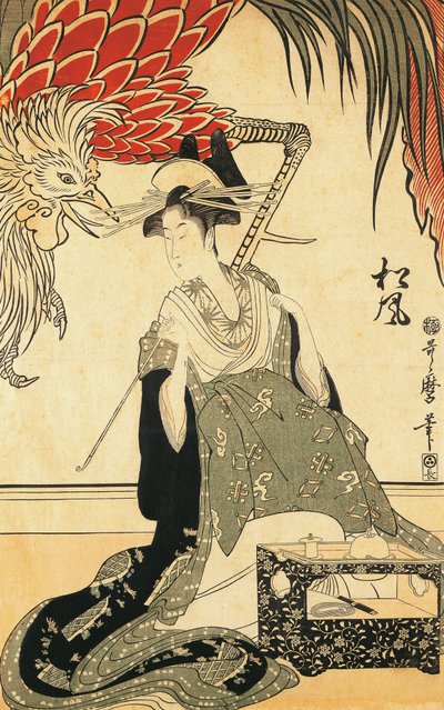 Oiran Matsuzake med ett rör, av Kitagawa Utamaro, träsnitt av Kitagawa Utamaro