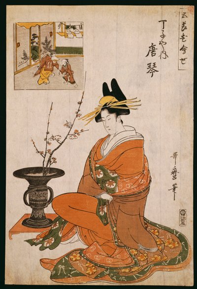 Kurtisanen, Karakoto från Chojiya, sittande vid ett arrangemang av plommonblommor av Kitagawa Utamaro
