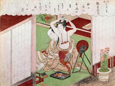 Toaletten med det eleganta japanska trycket av Utamaro Kitagawa (1753-1806). Sol. 0,38x0,25 m. 1794-1795. Paris, Guimet-museet, Nationalmuseet för asiatisk konst av Kitagawa Utamaro