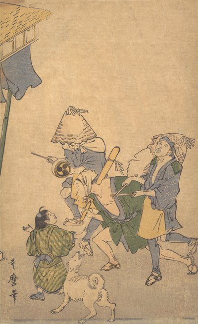 Tre revelers av de lägre klasserna, bära Komuso-hattar..., sent 1700-tidigt 1800-tal. av Kitagawa Utamaro
