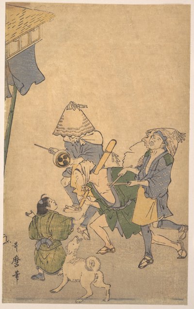 Tre festande ur de lägre klasserna, med komuso-hattar, en liten pojke och en hund av Kitagawa Utamaro