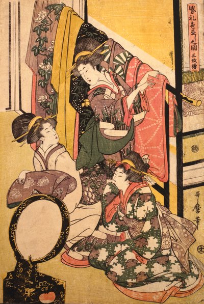 Tre flickor i en klädaffär av Kitagawa Utamaro