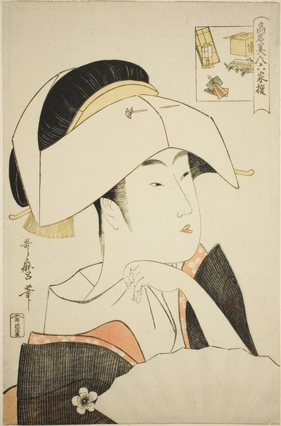 Tomimoto Toyohina, från serien Renowned Beauties Likened to the Six Immortal Poets (Komei bijin rokkasen) (Tomimoto Toyohina) (bild-gåta) av Kitagawa Utamaro