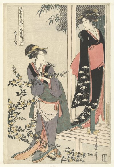 Två kvinnor vid en blommande yamabukibuske: andra akten. Nidanme (titel på objekt) Parodi på Chushingura av kända skönheter. (serietitel) Komei bijin mitate Chushingura (serietitel på objekt) av Kitagawa Utamaro