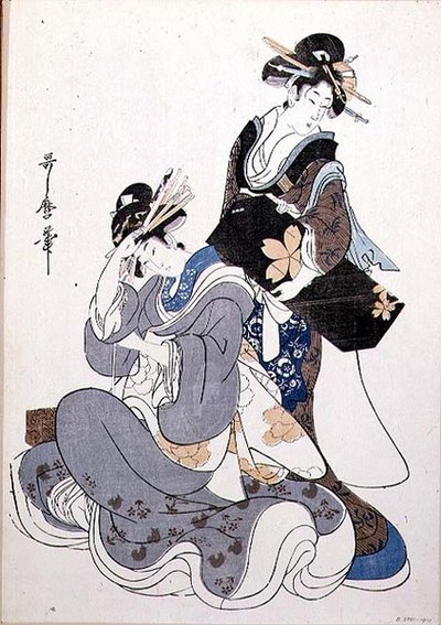 Två kvinnofigurer (trätryck i färg av Kitagawa Utamaro