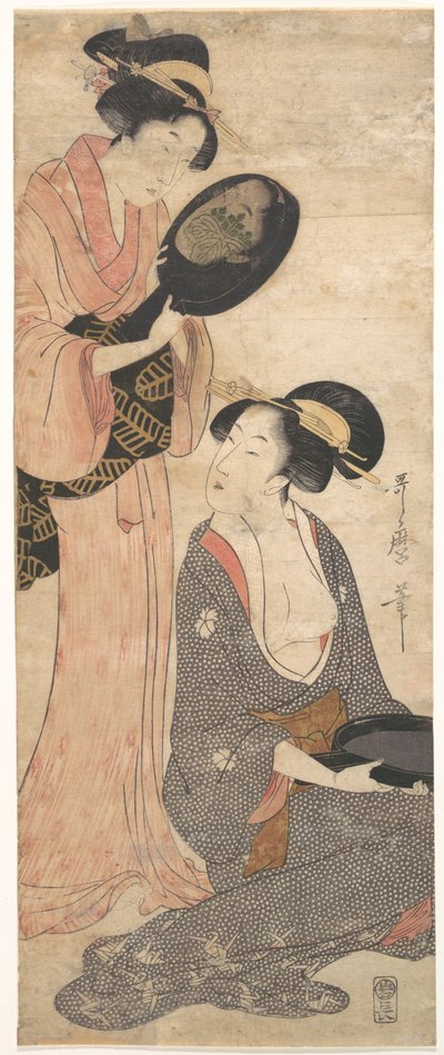 Två damer, var och en med en del av en lackerad spegel av Kitagawa Utamaro