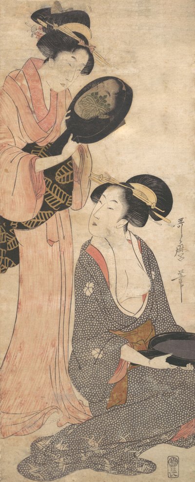 Två damer, var och en med en del av en lackad spegel, 1790-talet. av Kitagawa Utamaro