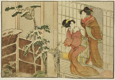 Two Women on Verandah on a Snowy Morning, från den illustrerade boken "Picture Book: Flowers of the Four Seasons (Ehon shiki no hana)," vol. 2 av Kitagawa Utamaro