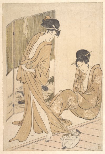 Två unga kvinnor insvepta i yukata efter ett bad av Kitagawa Utamaro