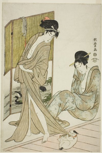 Två unga kvinnor efter ett bad av Kitagawa Utamaro