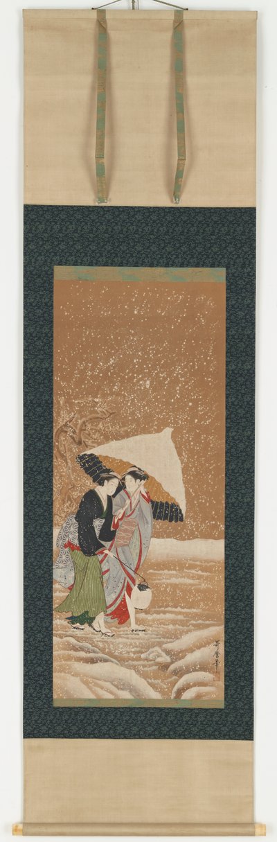 Två flickor under paraply i snöstorm, 1753-1806. av Kitagawa Utamaro