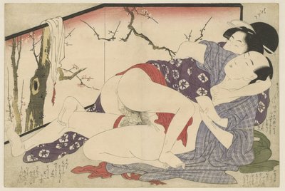 Par som älskar bredvid den vikbara skärmen Negai no itoguchi (serietitel) av Kitagawa Utamaro