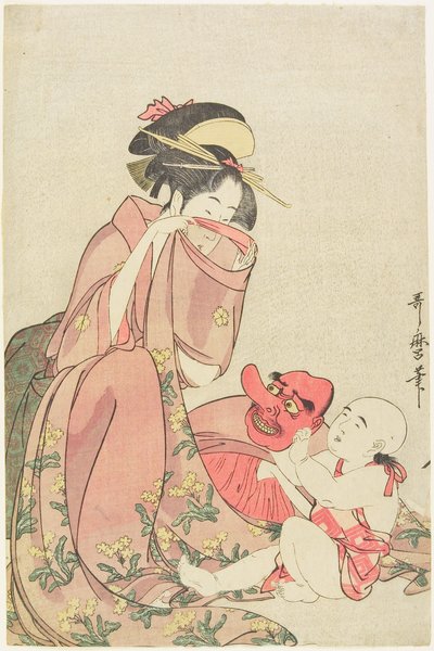Kvinna som leker med ett barn med en tengumask av Kitagawa Utamaro