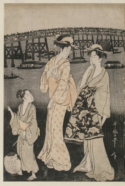 Kvinnor som njuter av den svala kvällen nära Ryogoku-bron av Kitagawa Utamaro