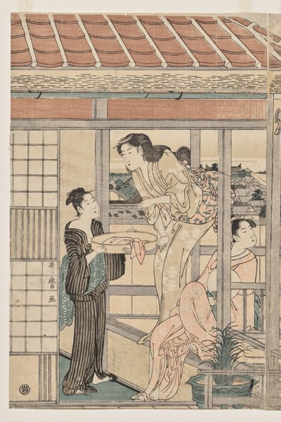 Kvinnor hänger tvätt för att torka på en balkong av Kitagawa Utamaro