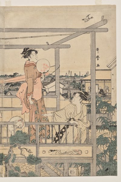 Kvinnor hänger tvätt för att torka på en balkong av Kitagawa Utamaro