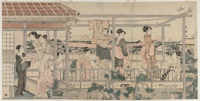 Kvinnor hänger tvätt för att torka på en balkong av Kitagawa Utamaro