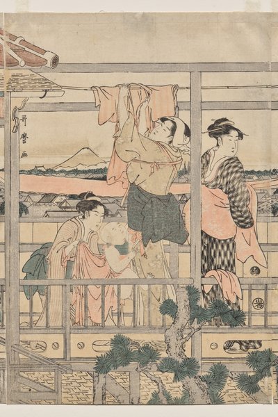 Kvinnor hänger tvätt för att torka på en balkong av Kitagawa Utamaro