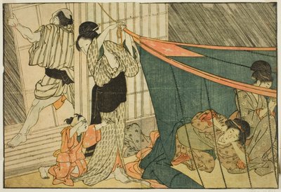 Kvinnor inuti ett myggnät under ett åskväder, från den illustrerade boken "Picture Book: Flowers of the Four Seasons (Ehon shiki no hana)," vol. 1 av Kitagawa Utamaro