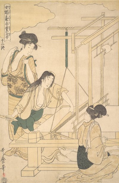 Kvinnor som väver sidentyg, ca. 1800. av Kitagawa Utamaro