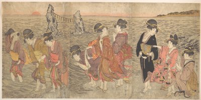 Kvinnor som dyrkar den uppgående solen mellan tvillingklipporna vid Ise av Kitagawa Utamaro