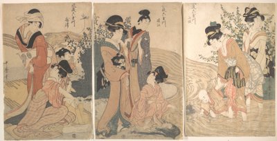 Kvinnor och barn på stranden av en bäck av Kitagawa Utamaro