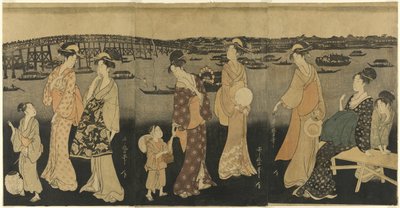 Kvinnor tittar på fyrverkerier vid Sumida River av Kitagawa Utamaro